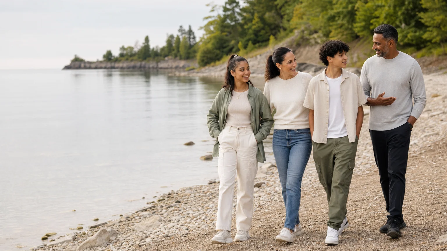 Multicultural family of four walking along the Georgian Bay shoreline near Collingwood, Ontario
