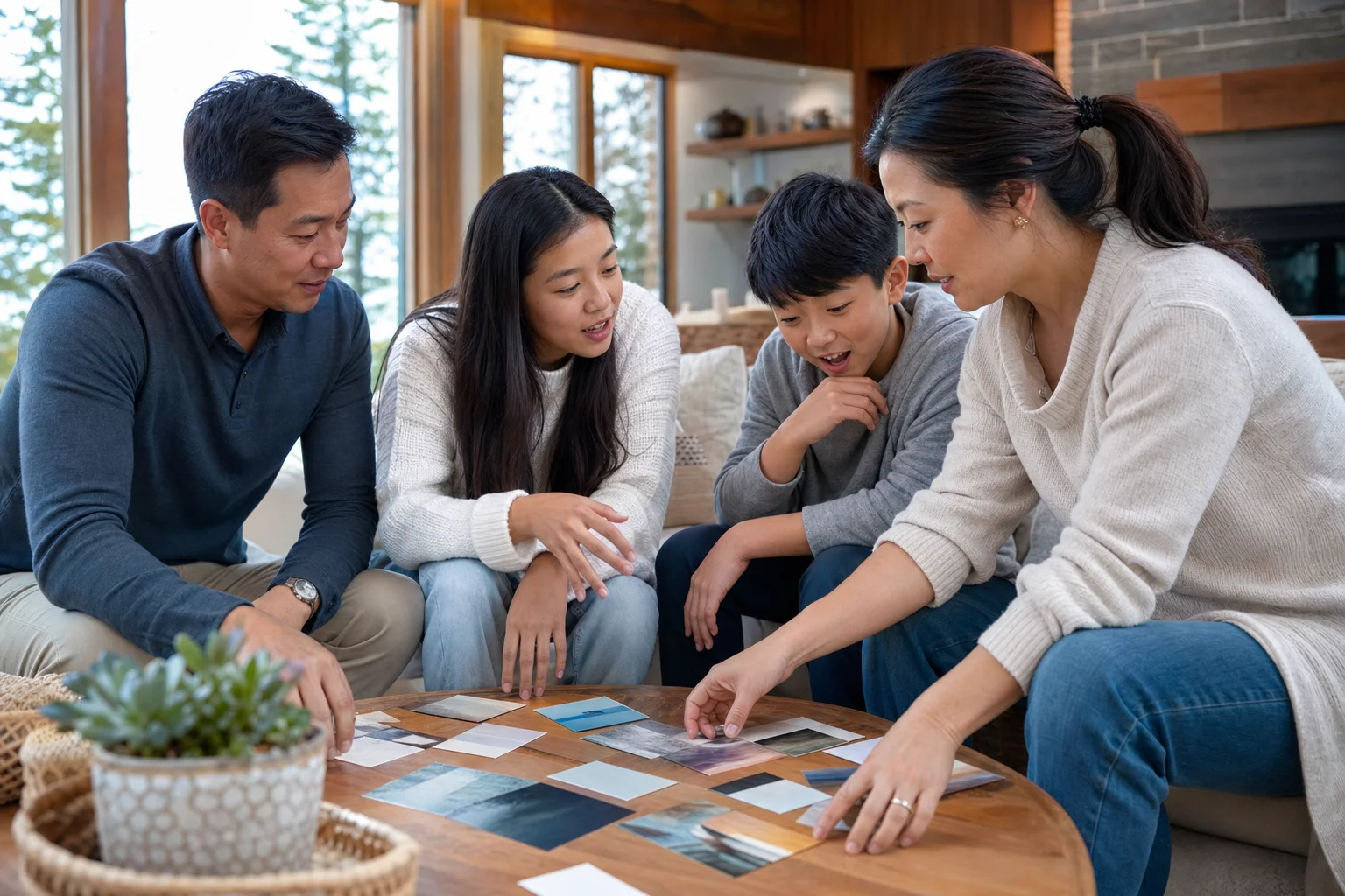 East Asian family of four participating together in a multisensory learning activity at a boutique family retreat in Collingwood