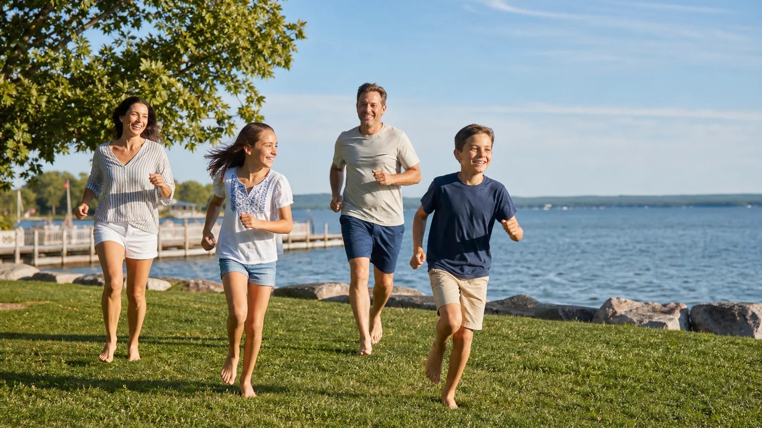 Family with a daughter and son enjoying active free time on a waterfront lawn near Georgian Bay in Collingwood