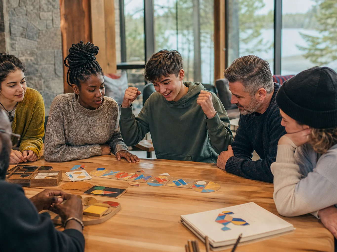 Diverse group of teenagers and adults solving a visual sequencing challenge together in a bright contemporary lodge