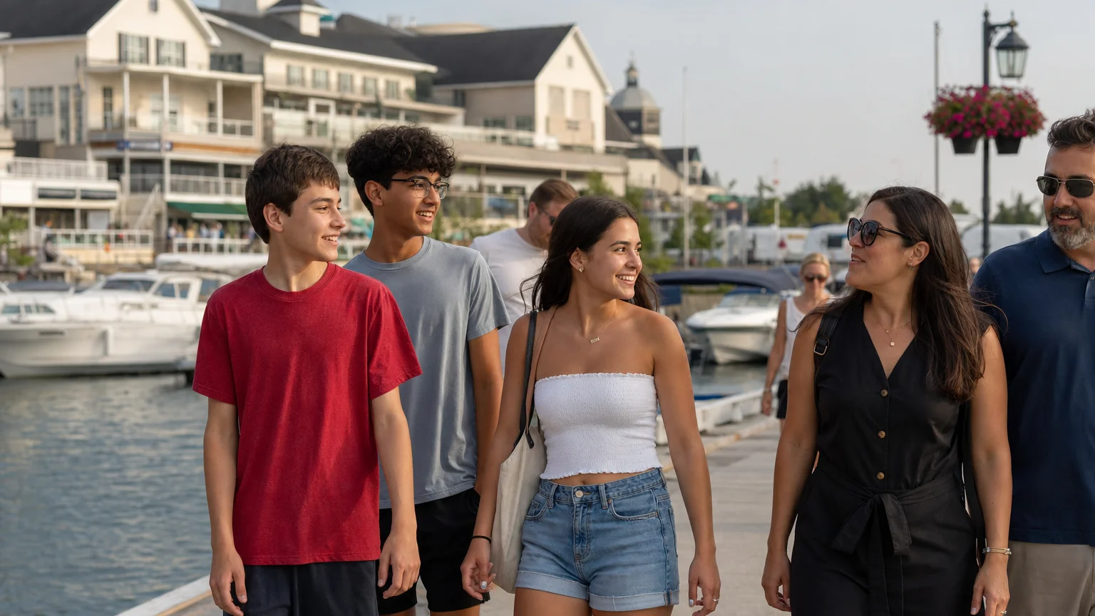 Teenagers and family members casually exploring the Collingwood waterfront during flexible afternoon time