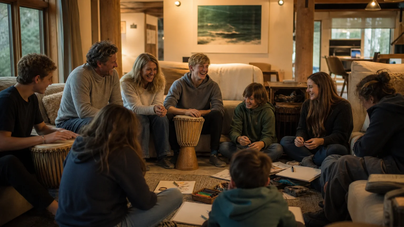 Teenagers, parents, and siblings participating in an optional creative evening with drums and drawing in a lodge lounge