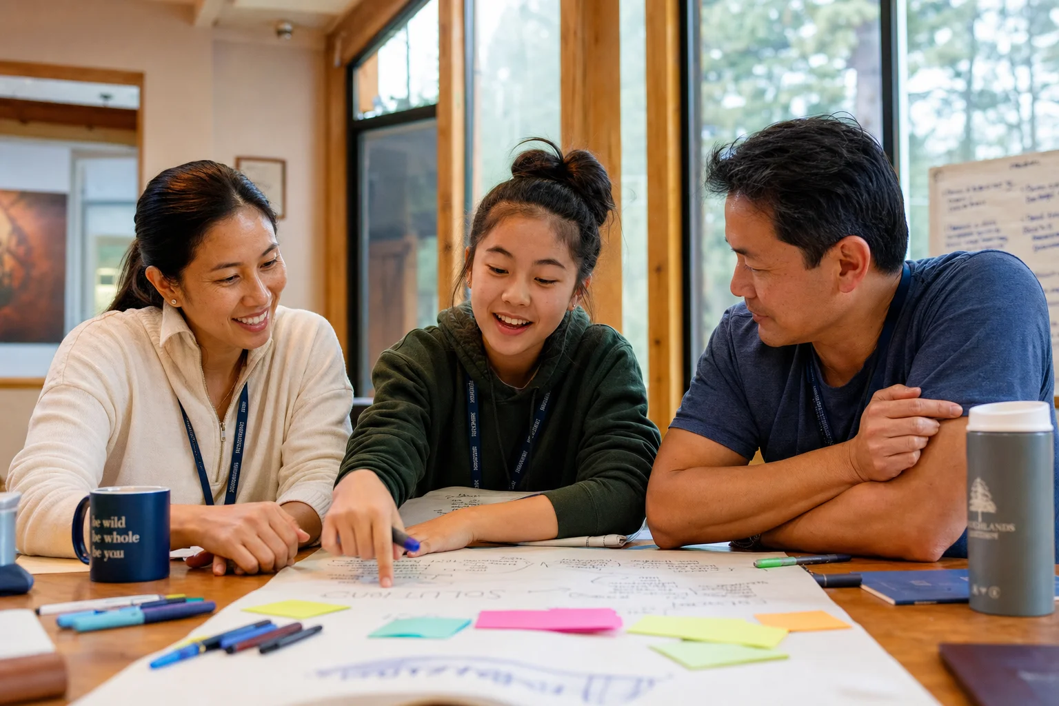 A family collaborating as equals on a creative problem-solving activity at a retreat table