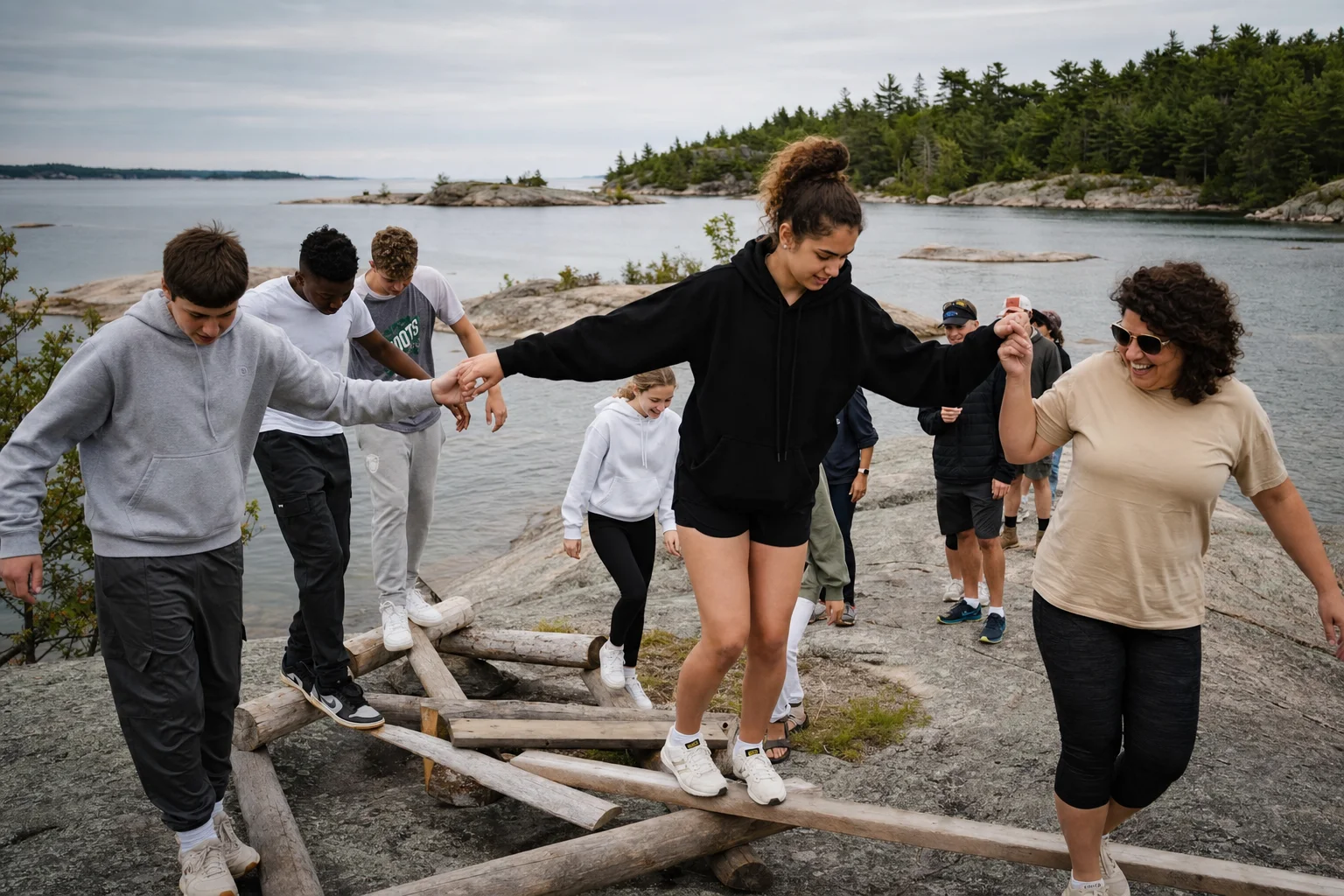 Diverse group of teenagers and parents in a collaborative outdoor movement challenge beside Georgian Bay